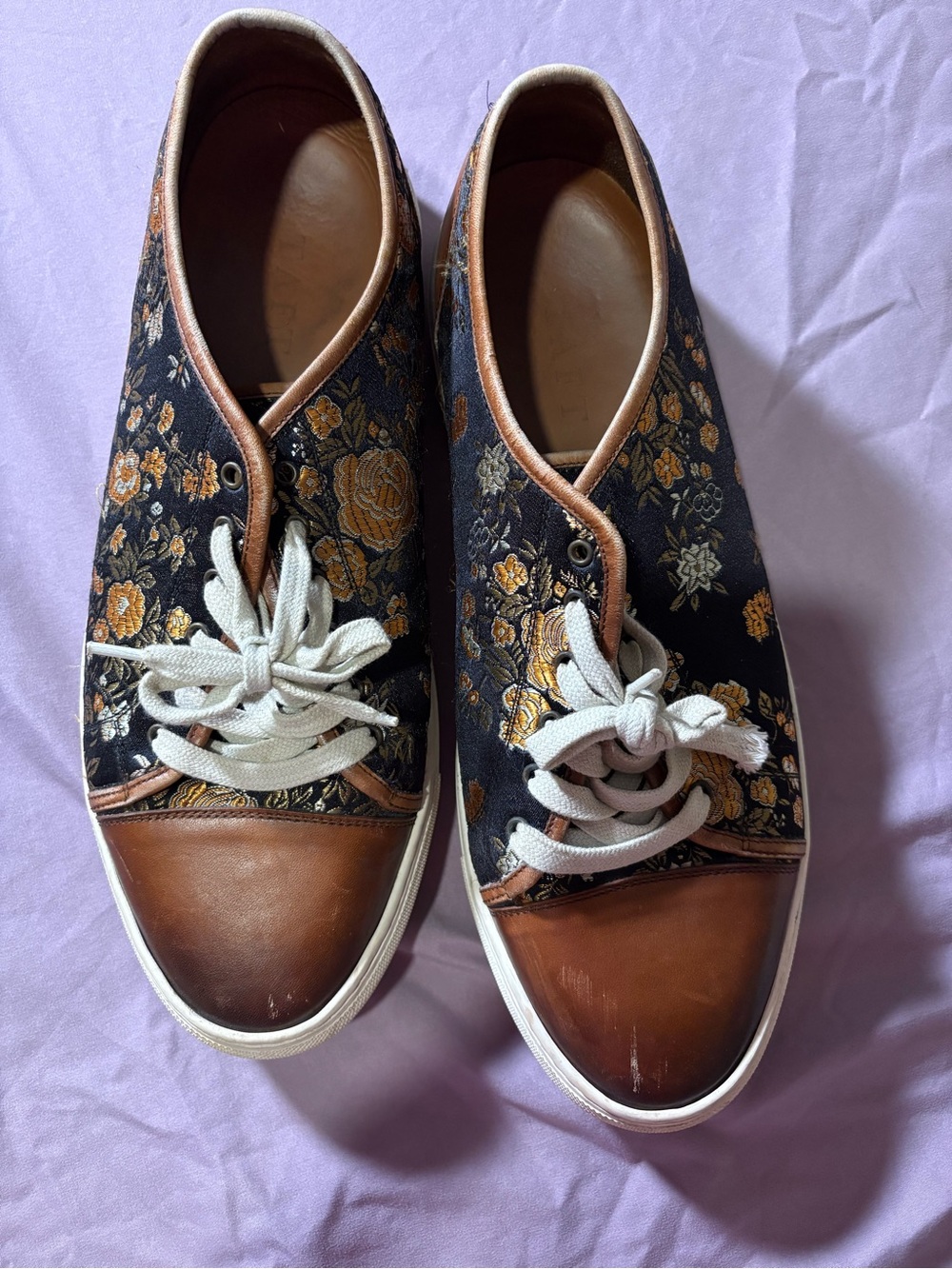 Taft Black Floral Brocade Sneakers with Brown Leather Toe